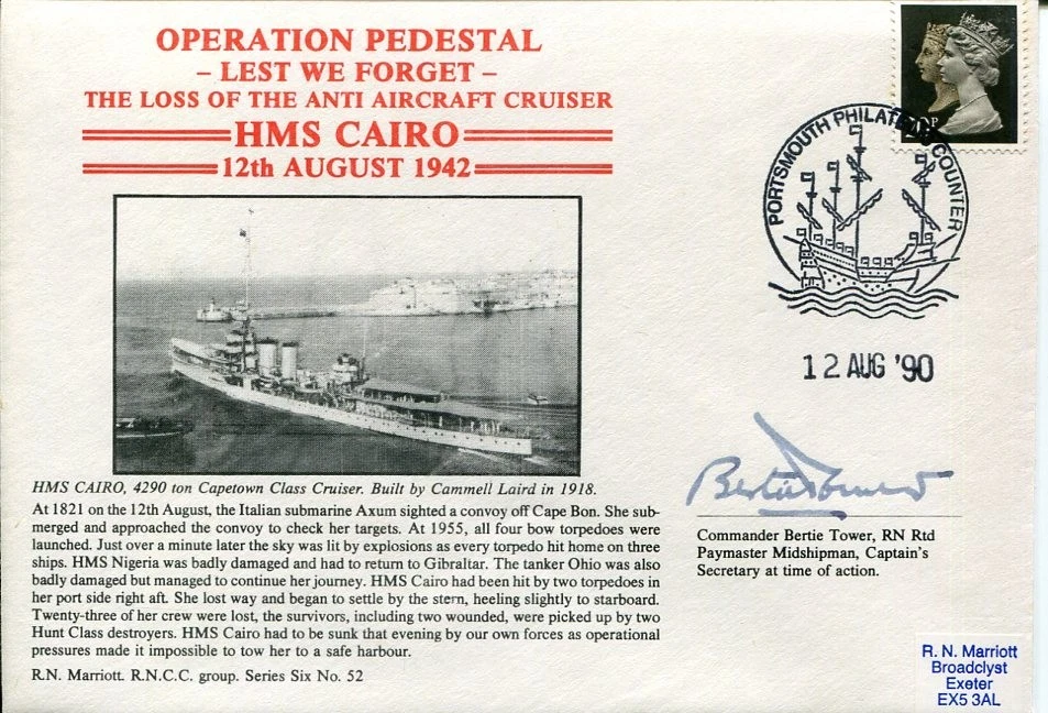 Commander Bertie Tower WWII War HMS Cairo Sinking Survivor Signed Autograph