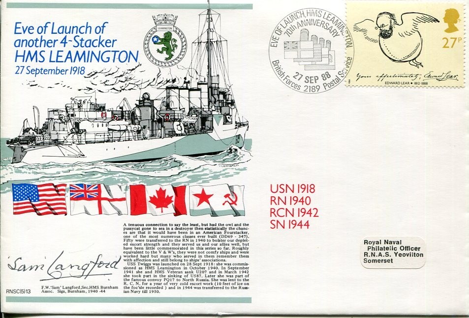 F.W. Sam Langford WWII War HMS Burnham Launch HMS Leamington Signed Autograph