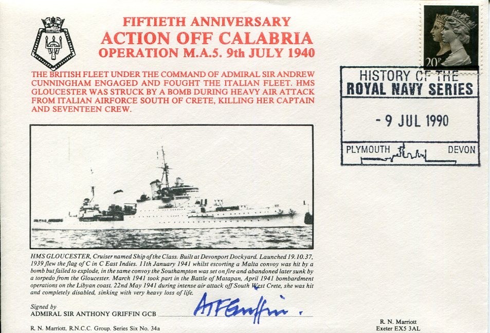 Admiral Anthony Griffin WWII War HMS Gloucester Action Calabria Signed Autograph