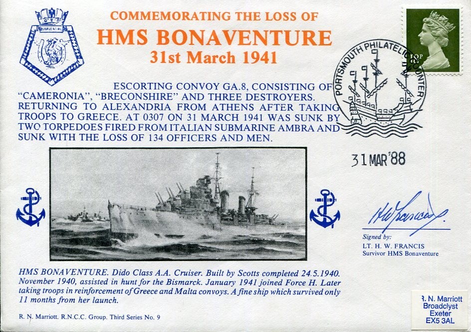Lt. H. W. Francis HMS Bonaventure Sinking Survivor WWII War Signed Autograph