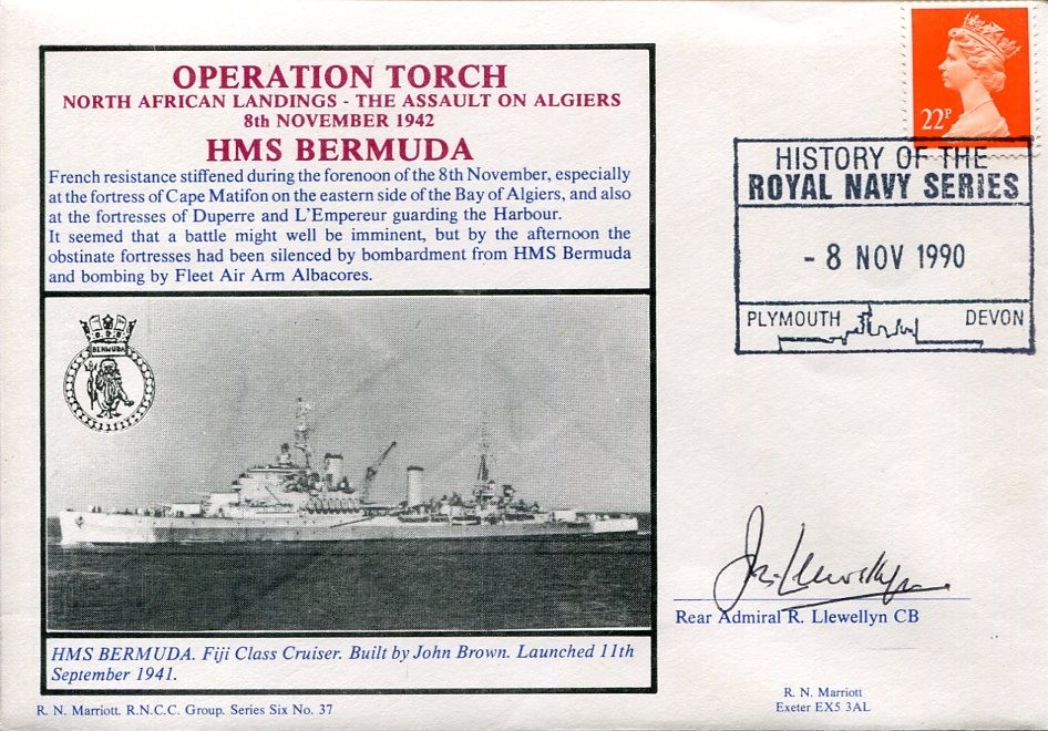 Rear Admiral J R Llewellyn HMS Bermuda WWII War Operation Torch Signed Autograph