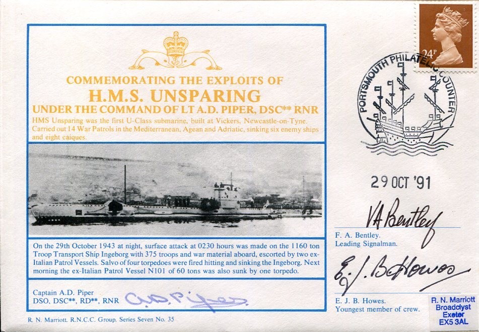 Captain A. D. Piper F. A. Bentley Howes HMS Unsparing WWII War Signed Autograph