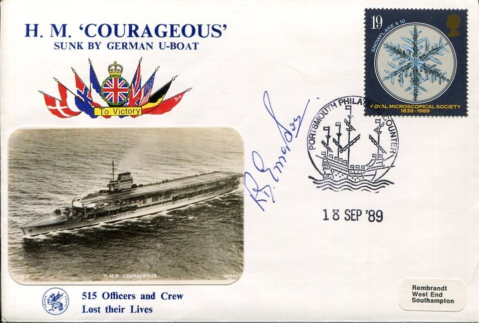 R.D. Emerson HMS Courageous Survivor 1st UK Sunk Ship WWII War Signed Autograph