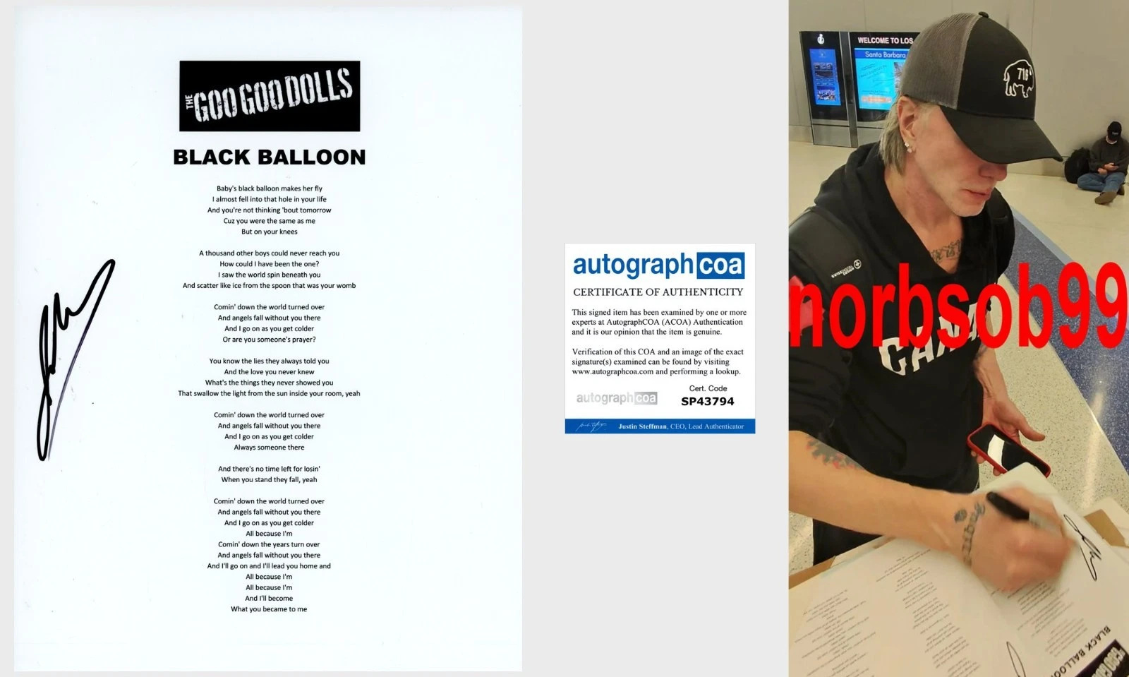 JOHNNY RZEZNIK SIGNED GOO GOO DOLLS BLACK BALLOON LYRIC SHEET EXACT PROOF & COA