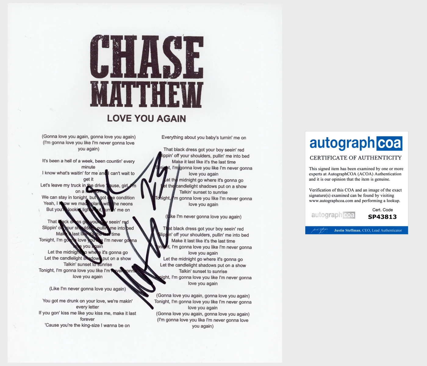 CHASE MATTHEW SIGNED LOVE YOU AGAIN LYRIC SHEET w/PROOF & AUTOGRAPH COA ACOA