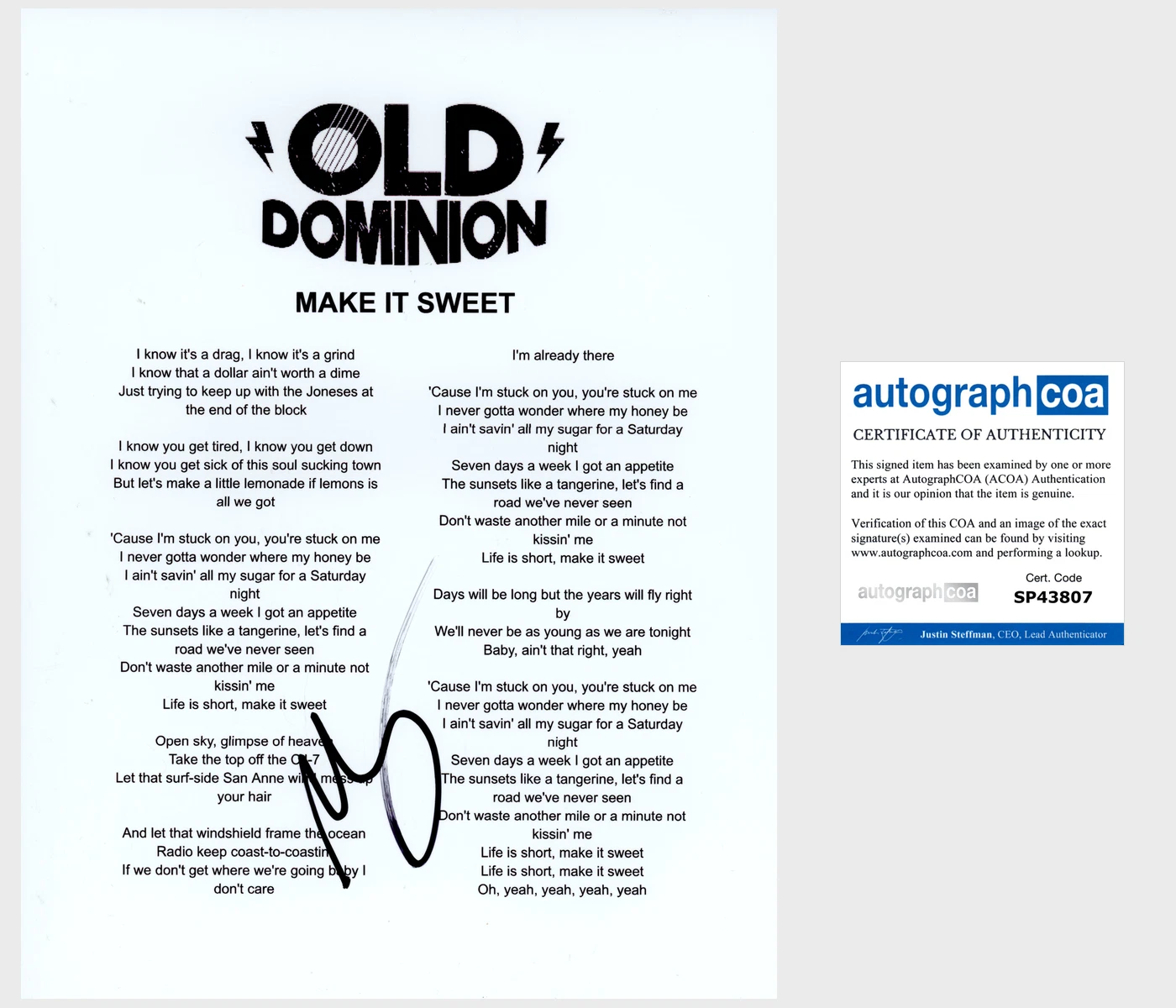 MATT MATTHEW RAMSEY SIGNED OLD DOMINION MAKE IT SWEET LYRIC SHEET w/PROOF & COA