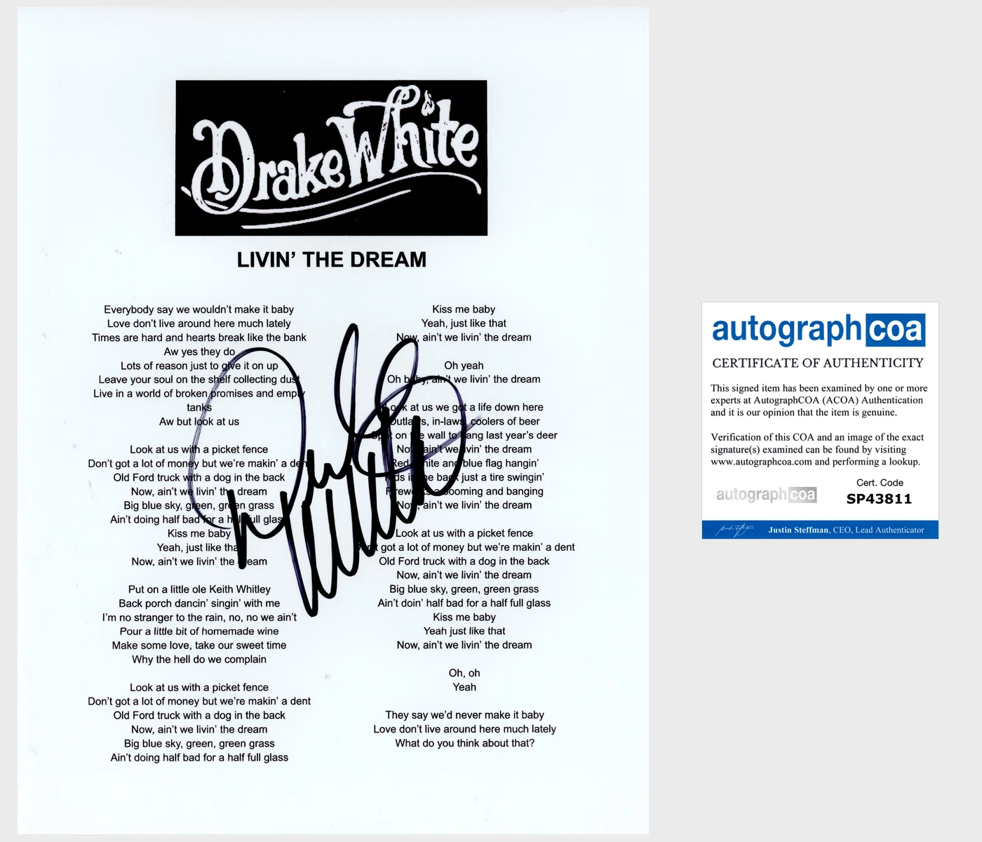 DRAKE WHITE SIGNED LIVIN' THE DREAM LYRIC SHEET w/PROOF & AUTOGRAPH COA