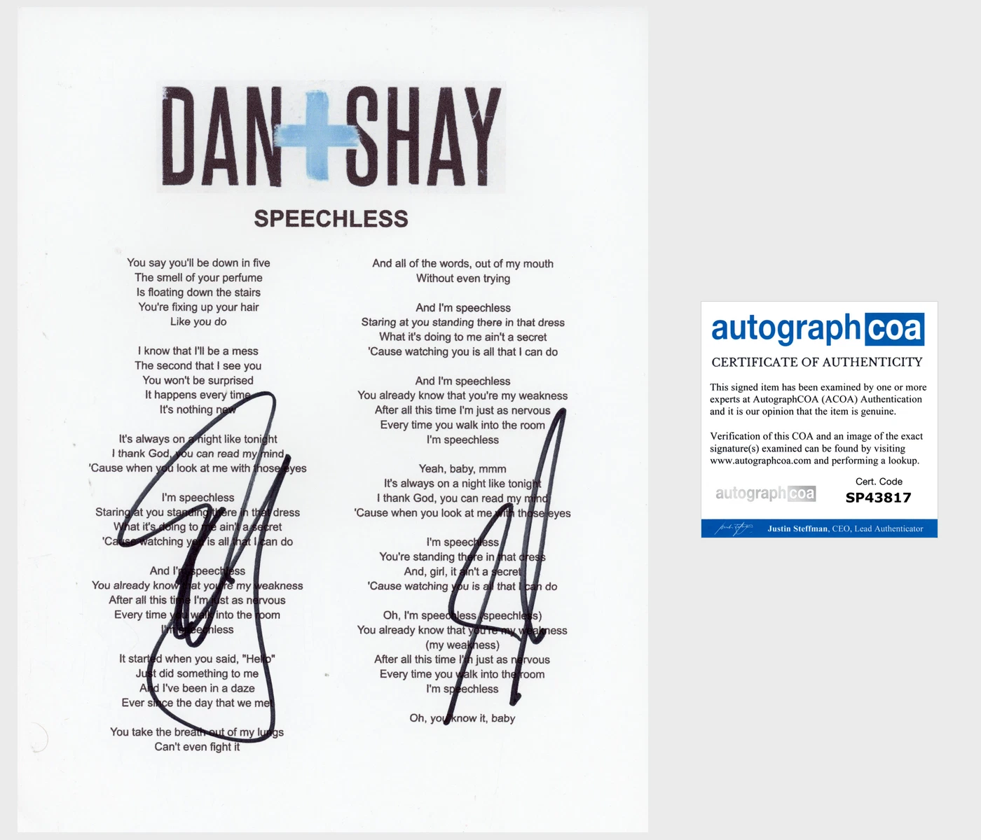 DAN + SHAY SIGNED AUTOGRAPH SPEECHLESS LYRIC SHEET COA DAN SMYERS & SHAY MOONEY