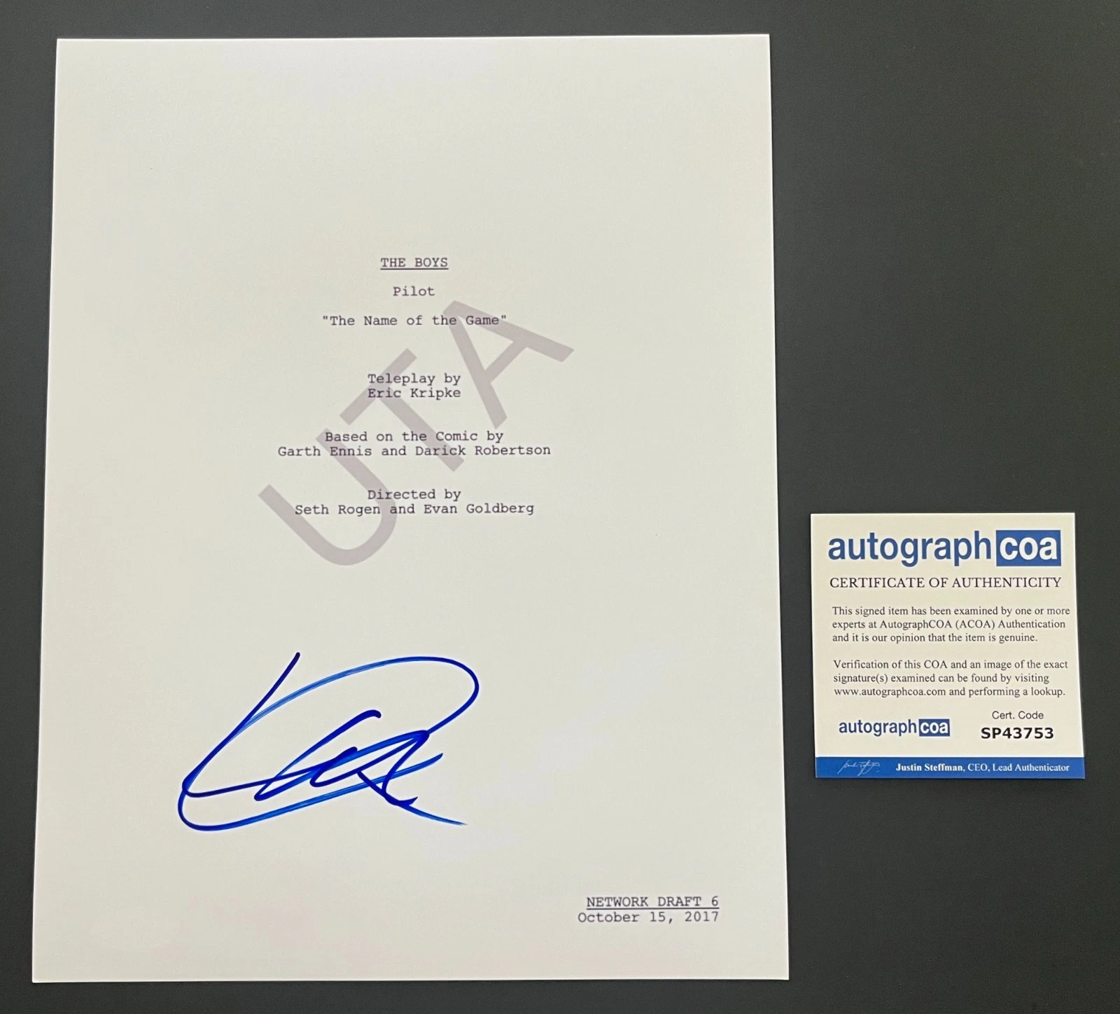 JACK QUAID SIGNED THE BOYS 56 PAGE PILOT SCRIPT w/PROOF & AUTOGRAPH COA ACOA
