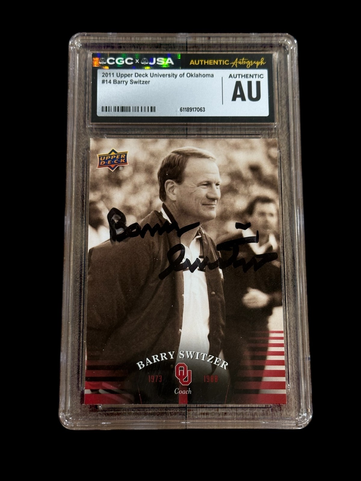Barry Switzer 2011 Upper Deck Oklahoma OU HOF Signed Autograph Card CGC JSA