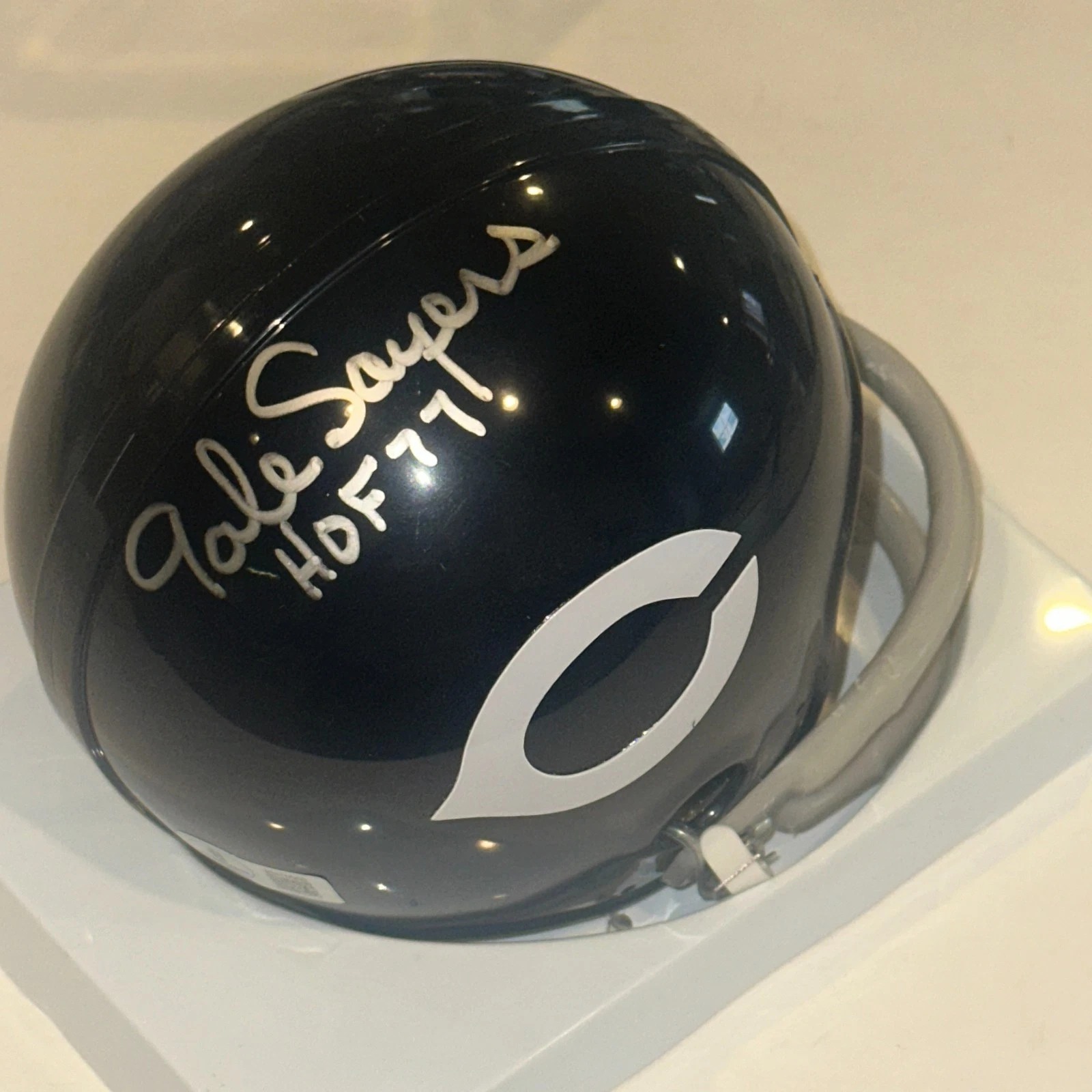 GALE SAYERS Signed Chicago BEARS VSR4 THROWBACK Mini-helmet w/ HOF Ins Beckett