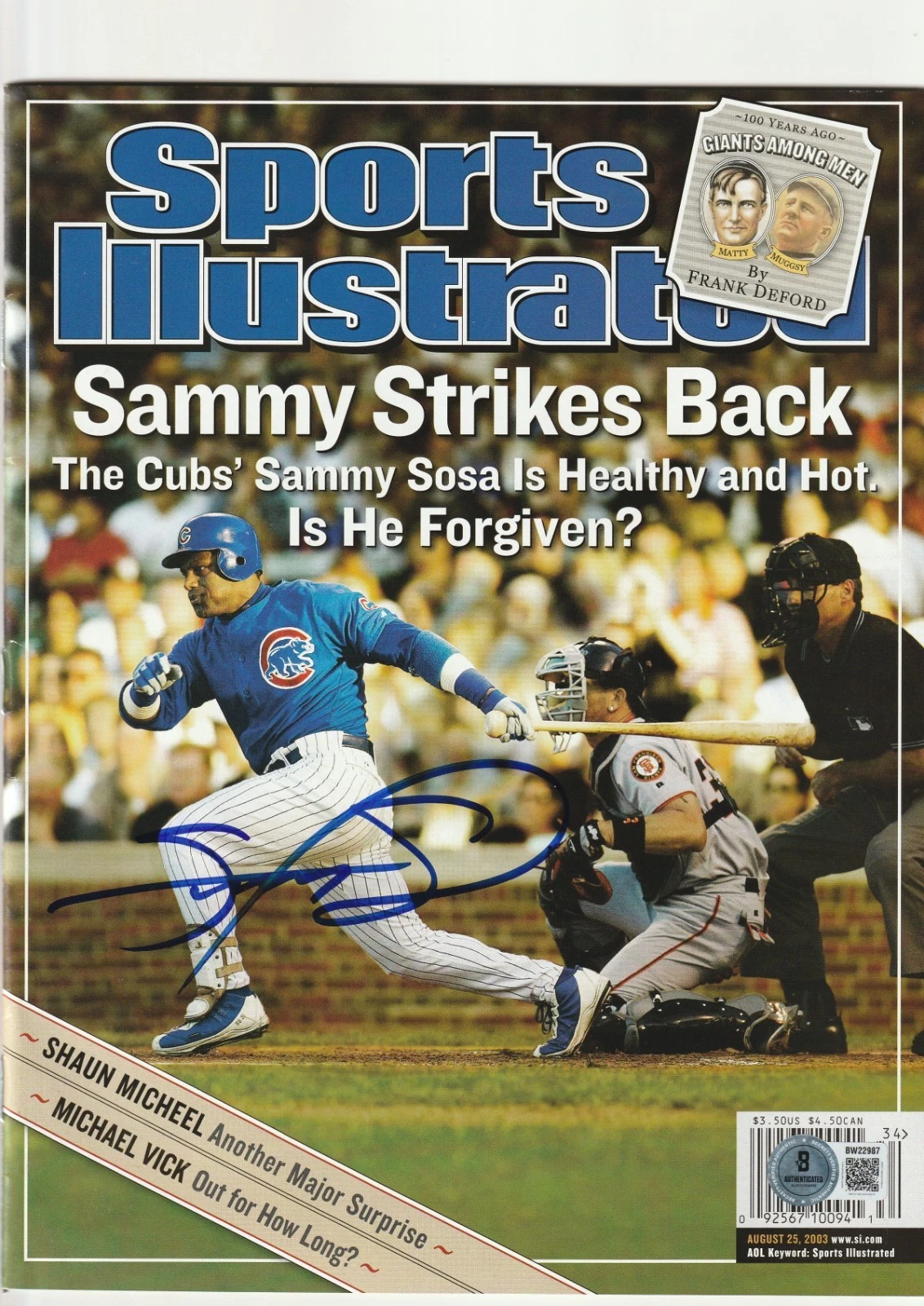 SAMMY SOSA Signed 8/25/03 SPORTS ILLUSTRATED Magazine (NO Label) Beckett BAS