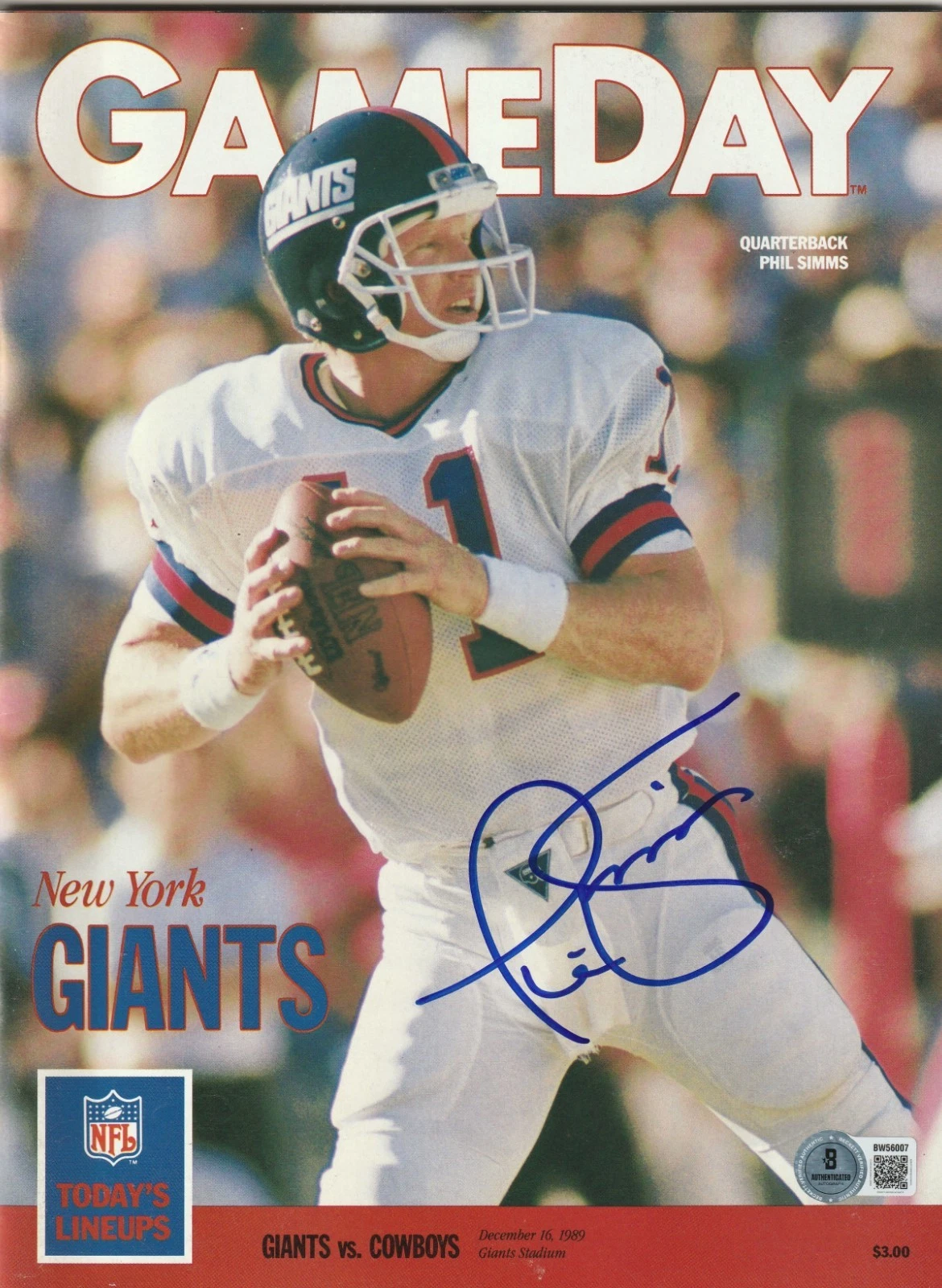 PHIL SIMMS Signed 12/16/89 GAMEDAY Magazine (NO Label) Beckett (BAS)
