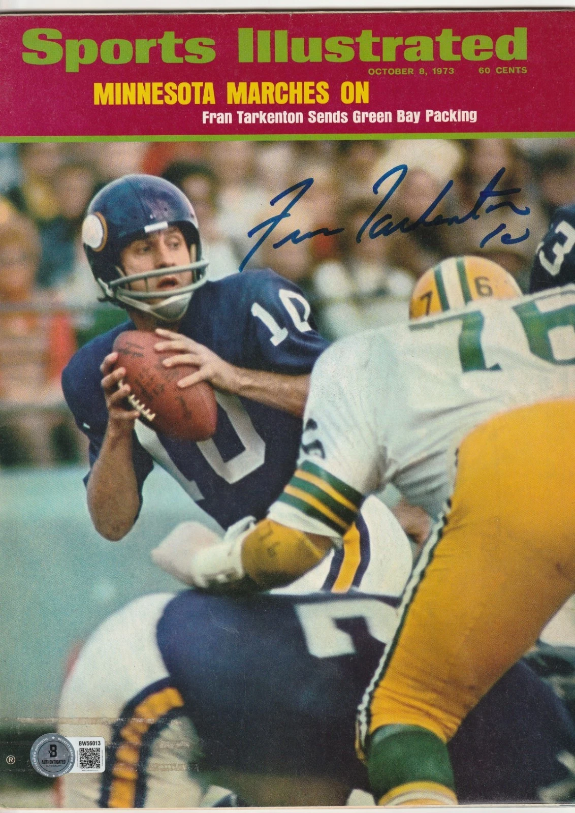 FRAN TARKENTON Signed 10/8/73 SPORTS ILLUSTRATED Magazine (NO Label) Beckett