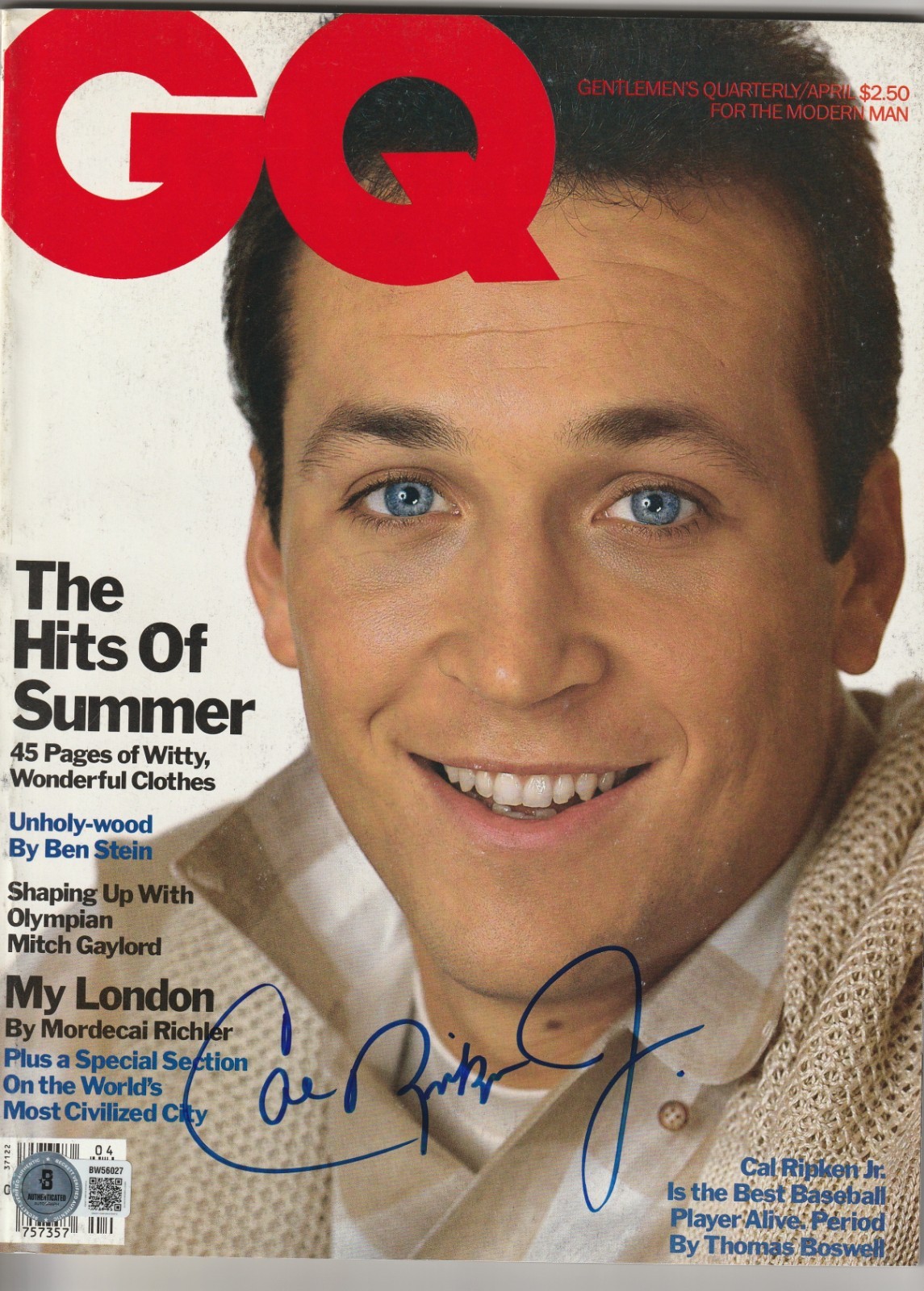 CAL RIPKEN JR. Signed April 1985 gq Magazine (NO Label) Beckett BAS