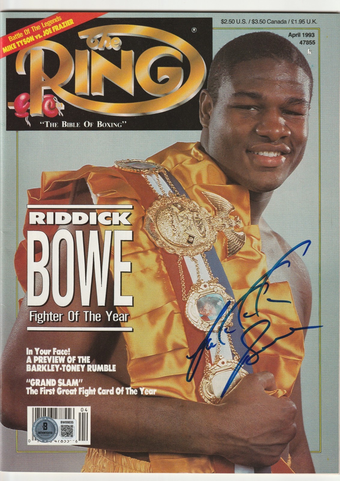 RIDDICK BOWE Signed April 1993 The RING Magazine (NO Label) Beckett BAS