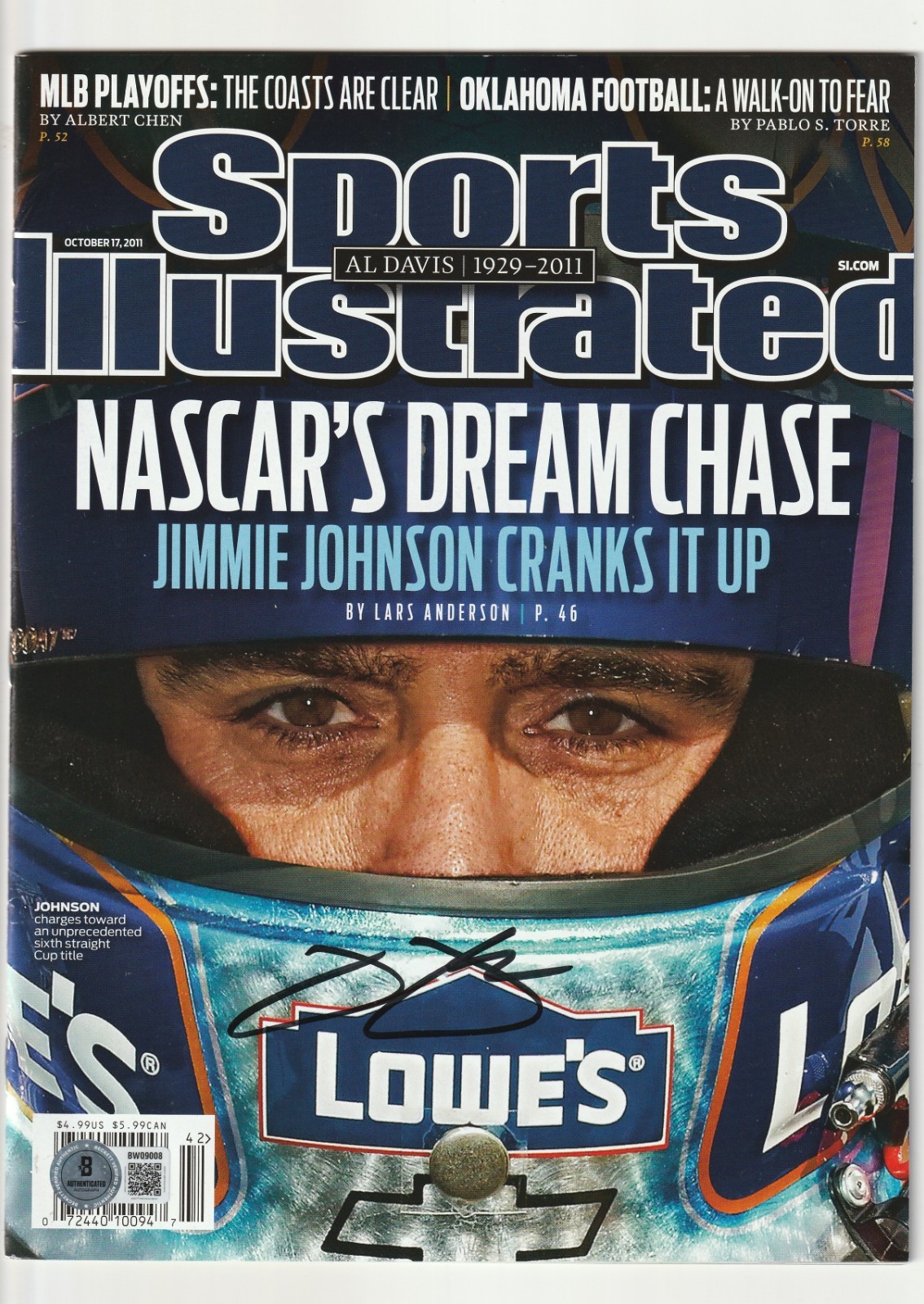 JIMMIE JOHNSON Signed 10/17/11 SPORTS ILLUSTRATED Magazine (NO Label) BAS