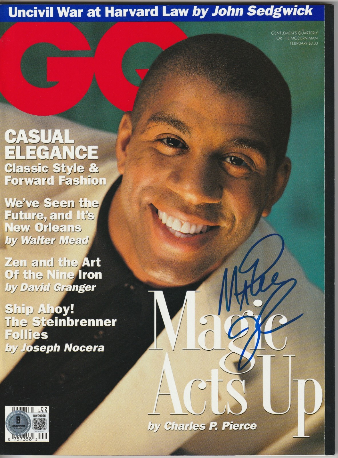 MAGIC JOHNSON Signed Feb 1993 GQ Magazine (NO Label) Beckett BAS