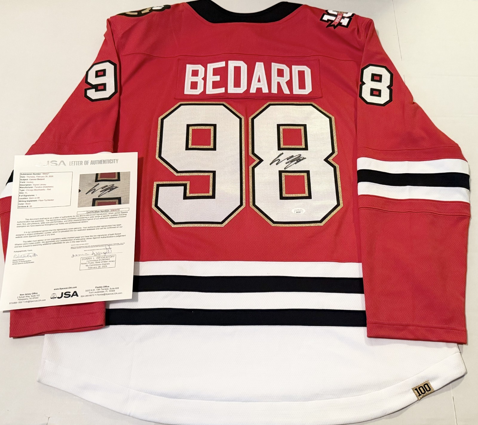 Connor Bedard signed Chicago Blackhawks Centennial Red Breakaway jersey JSA LOA