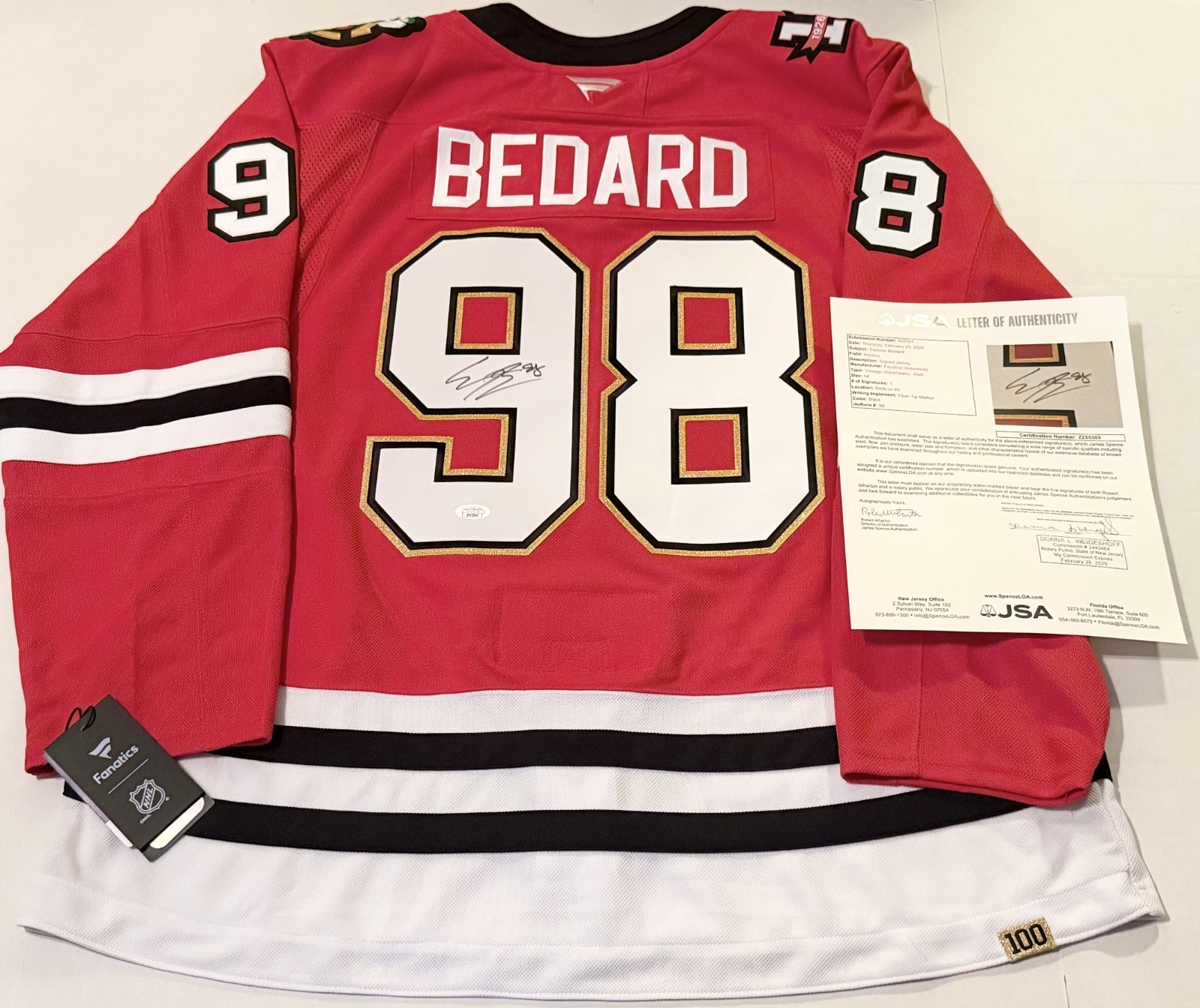Connor Bedard signed Chicago Blackhawks Centennial Red Premium jersey JSA LOA