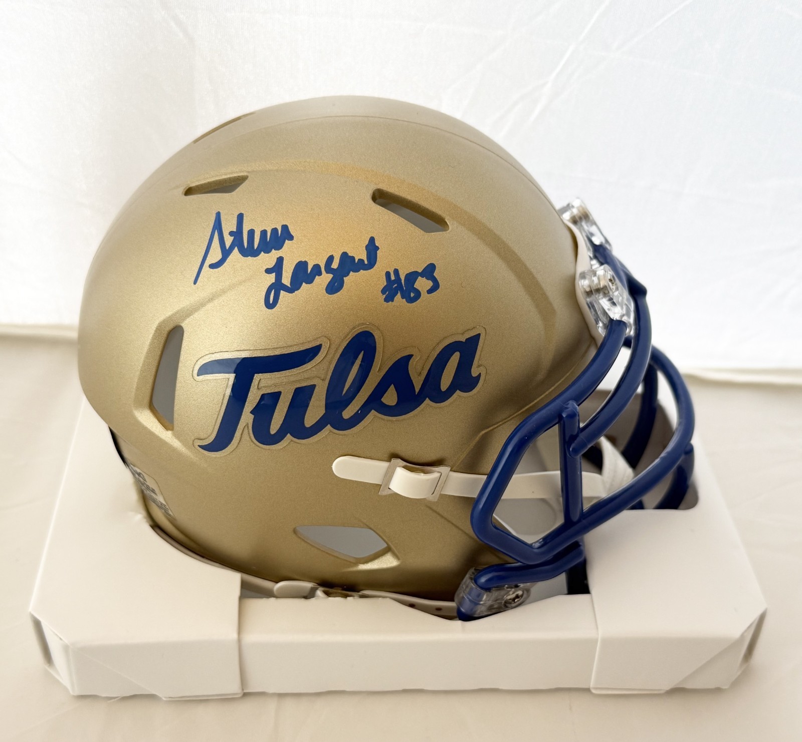 Steve Largent signed Tulsa Golden Hurricane mini helmet Beckett Witnessed