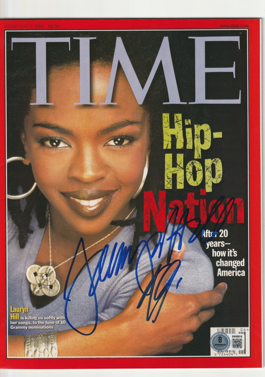LAURYN HILL Signed 2/8/99 TIME Magazine (NO Label) Beckett BAS