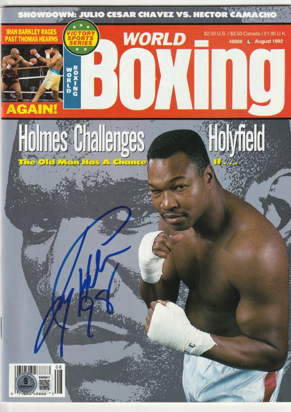 LARRY HOLMES Signed Aug 1992 WORLD BOXING Magazine Beckett BAS