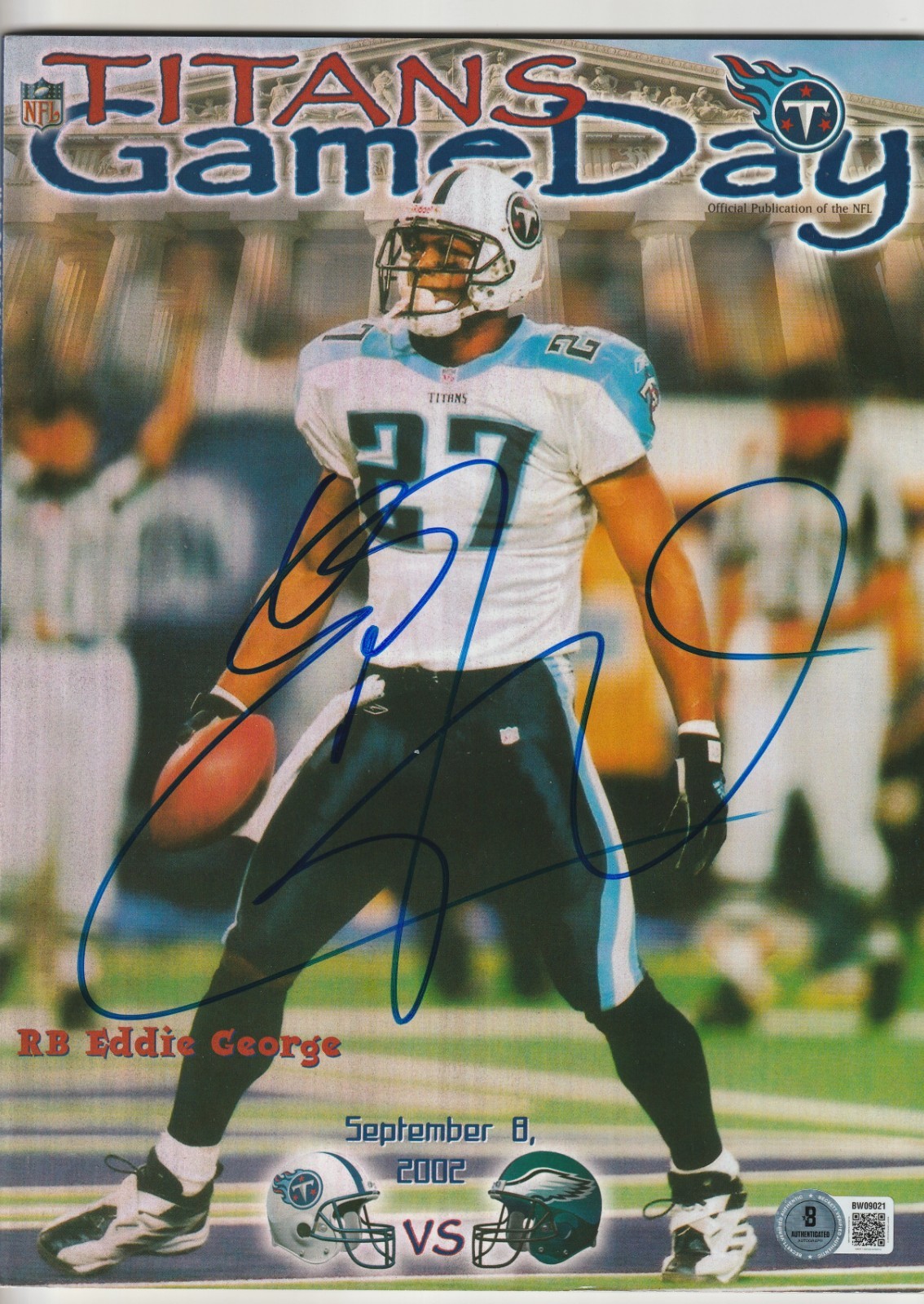 EDDIE GEORGE Signed 9/8/02 GAME DAY Magazine (NO Label) Beckett