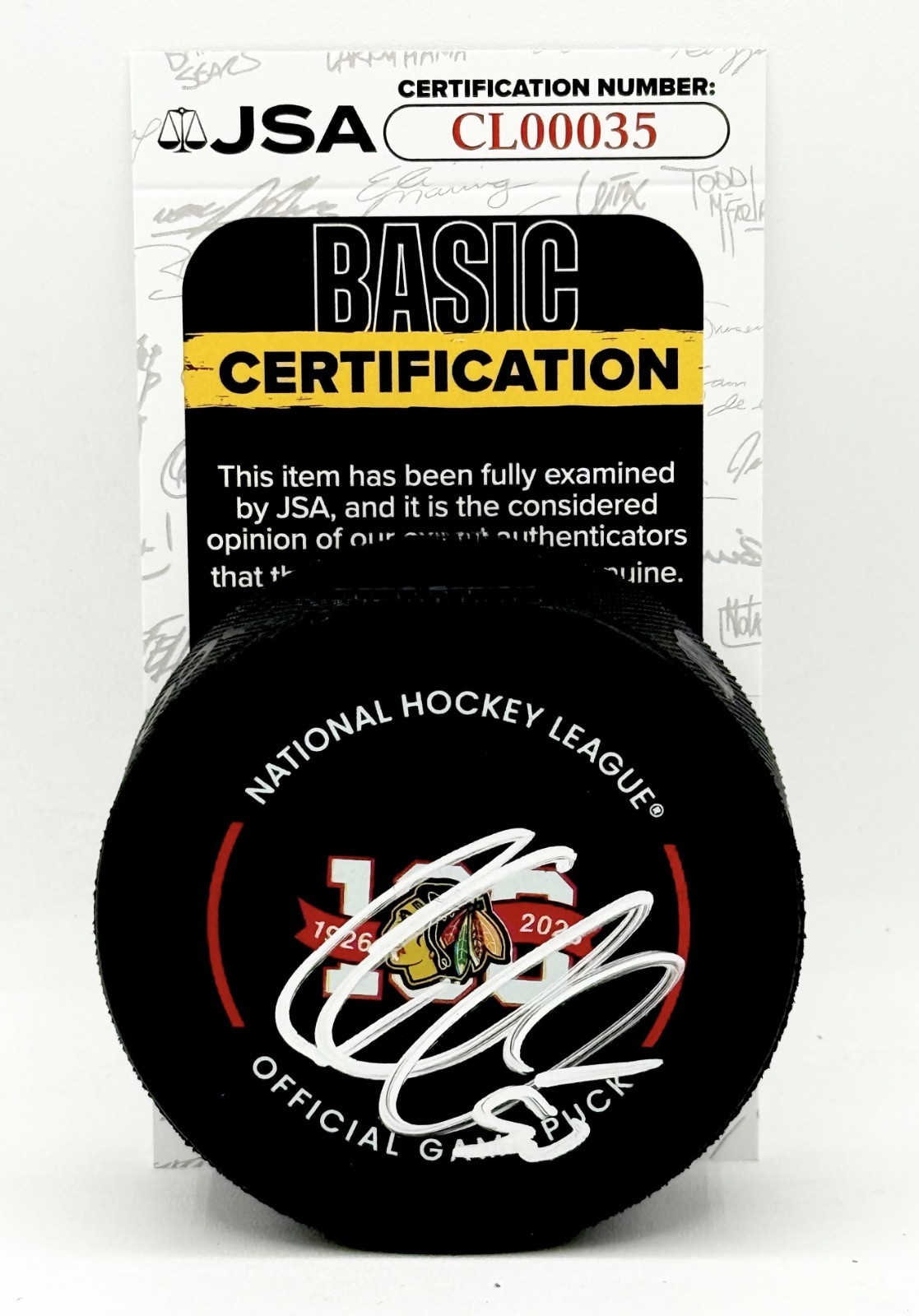 Corey Crawford signed Chicago Blackhawks 100th Anniversary Game Puck JSA