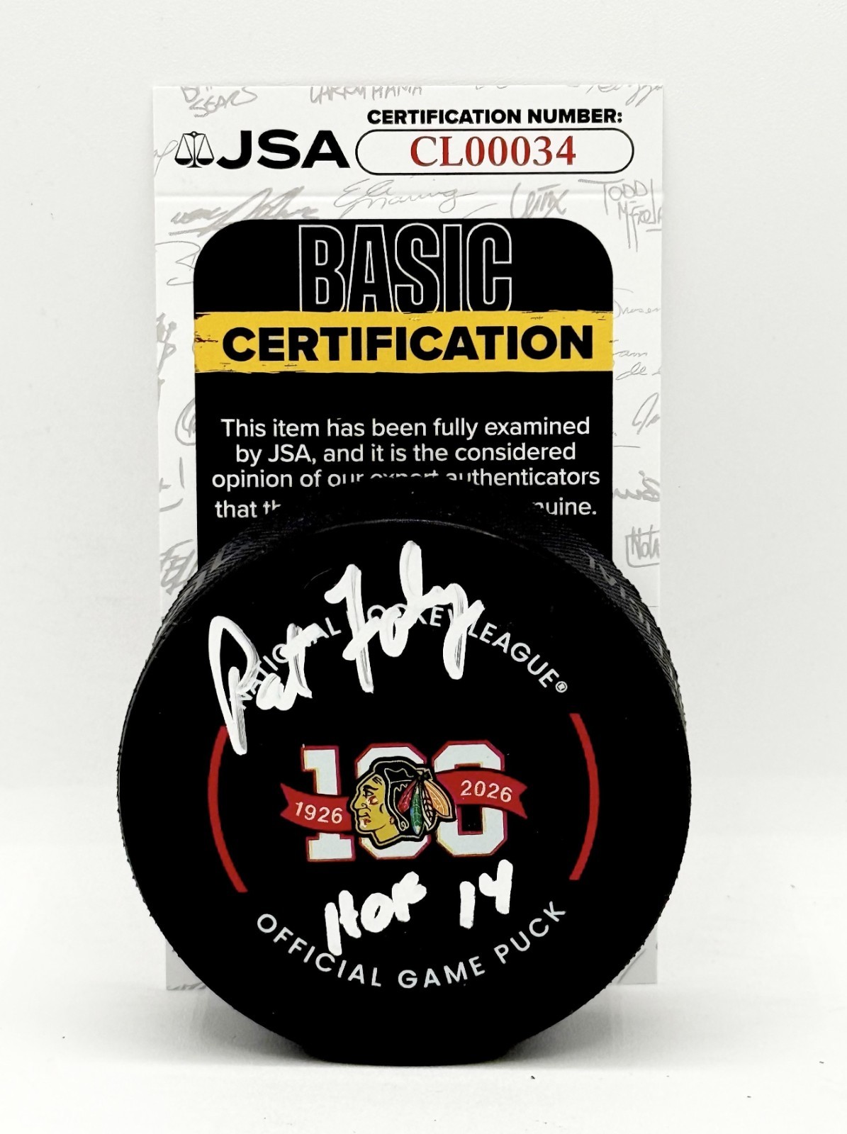 Pat Foley signed Chicago Blackhawks 100th Anniversary Game Puck W/ HOF Insc. JSA