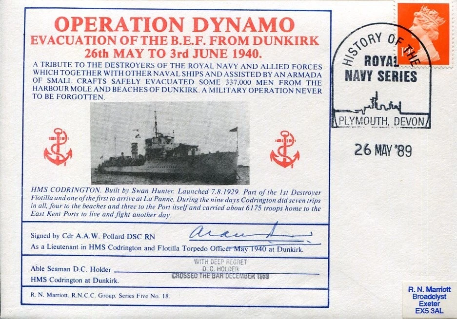 Cdr A. A. W. Pollard WWII War HMS Codrington Operation Dynamo Signed Autograph