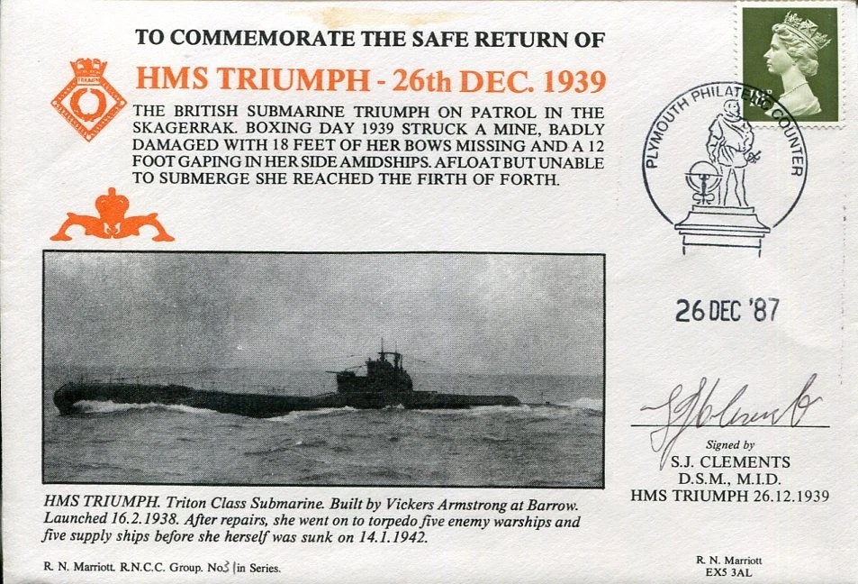 SJ Clements DSM WWII War HMS Triumph Submarine Safe Return Signed Autograph