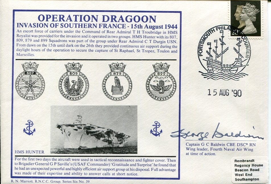 Captain George Baldwin DSC Royal Navy Aviator WWII War Dragoon Signed Autograph