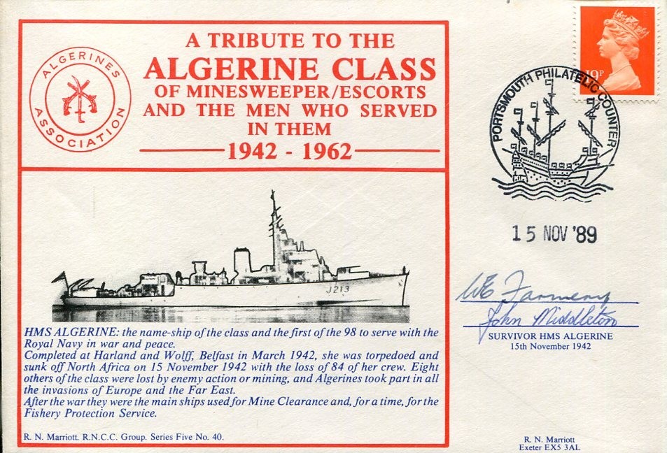 W Farmery John Middleton WWII War HMS Algerine Survivor Sinking Signed Autograph
