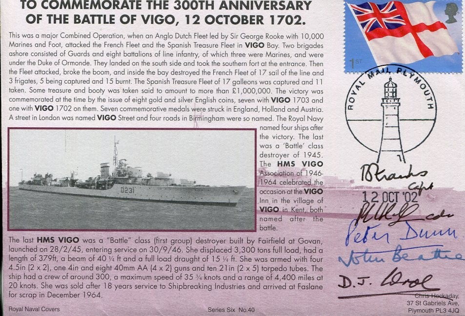 300th Anniversary Battle Of  Vigo Bay HMS Vigo WWII War Crew Signed Autograph