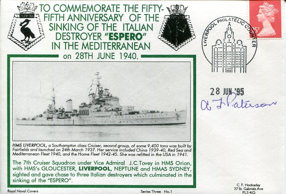 Seaman A F Paterson WWII War HMS Liverpool Sinking Of Espero Signed Autograph