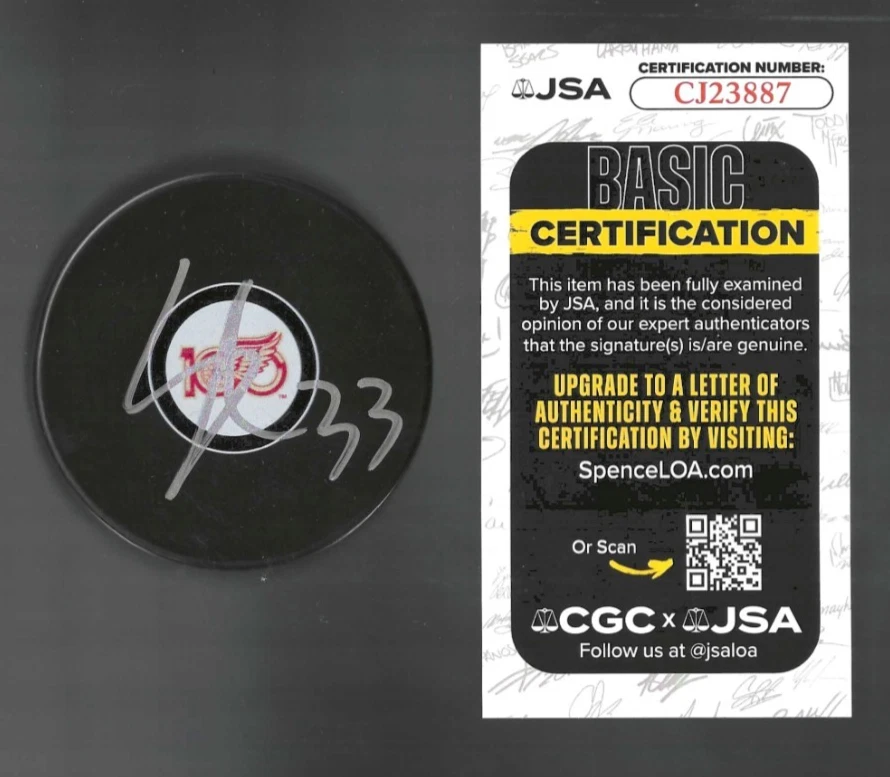 Sebastian Cossa Signed Detroit Red Wings Centennial 100th Puck JSA COA