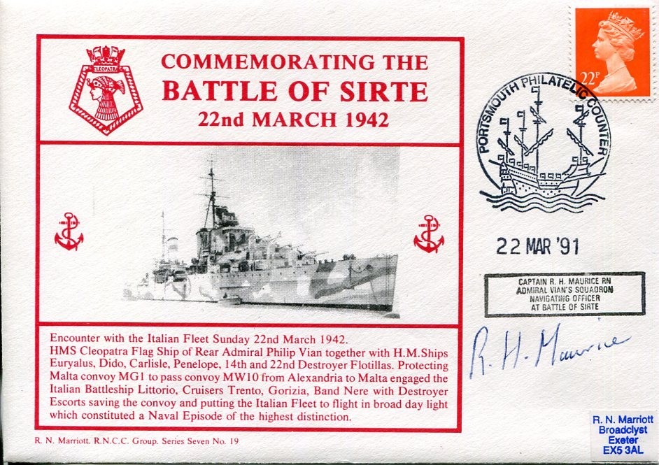 Captain R. H. Maurice Battle Of Sirte HMS Cleopatra WWII War Signed Autograph