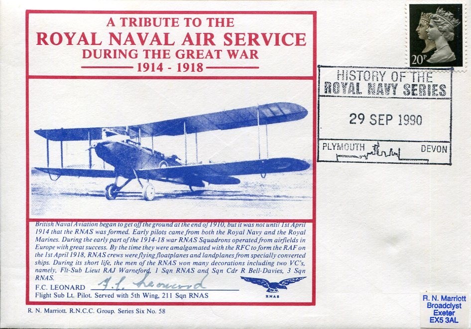F. C. Leonard Flight Sub Lt. Pilot 5th Wing RNAS RAF WWI War Signed Autograph