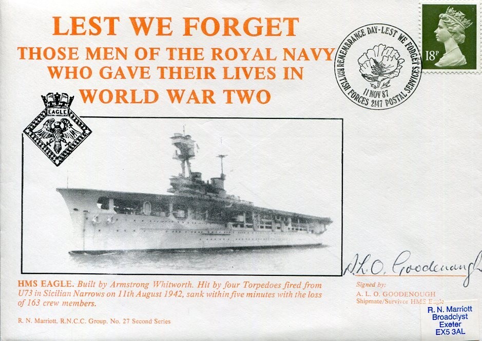 A. L. O. Goodenough HMS Eagle Survivor Sinking WWII War Signed Autograph