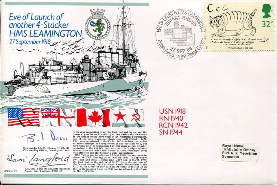 B.M.D. I'Anson Sam Langford HMS Burnham Leamington WWII War Signed Autograph