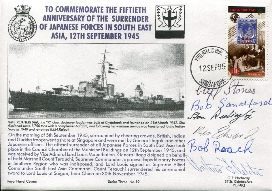 WWII War HMS Rotherham Japan Forces Surrender 5 Veterans Signed Autograph