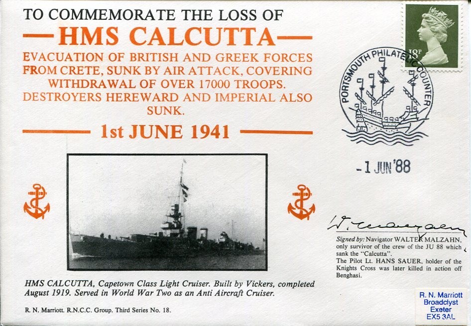 Navigator Walter Malzahn HMS Calcutta Sinking Survivor WWII War Signed Autograph