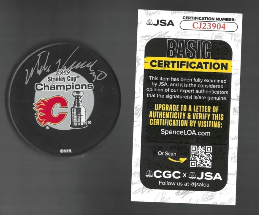 Mike Vernon Signed Calgary Flames 1989 Stanley Cup Champions Puck JSA COA