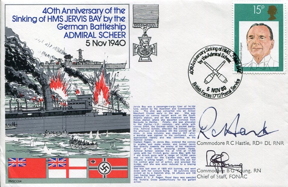 Commodore R C Hastie B G Young HMS Jervis WWII War Signed Autograph FDC