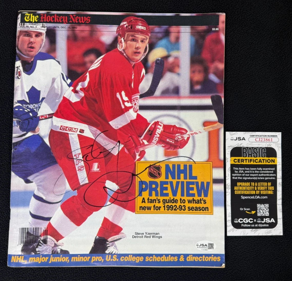 Steve Yzerman Signed 1992 Detroit Red Wings Hockey The News Magazine JSA COA