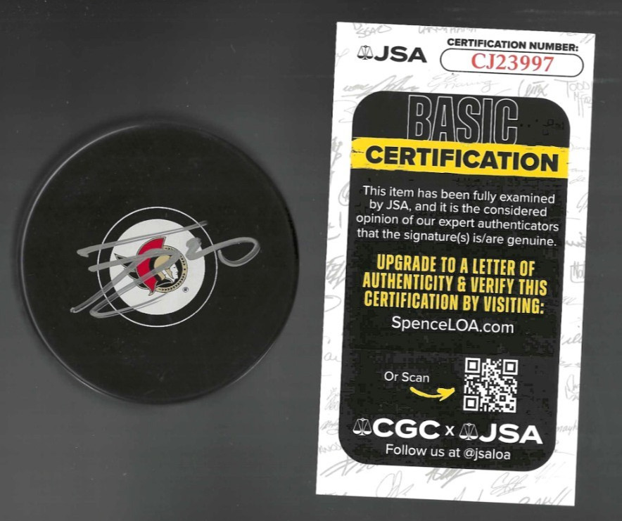 Fabian Zetterlund Signed Ottawa Senators Puck JSA COA