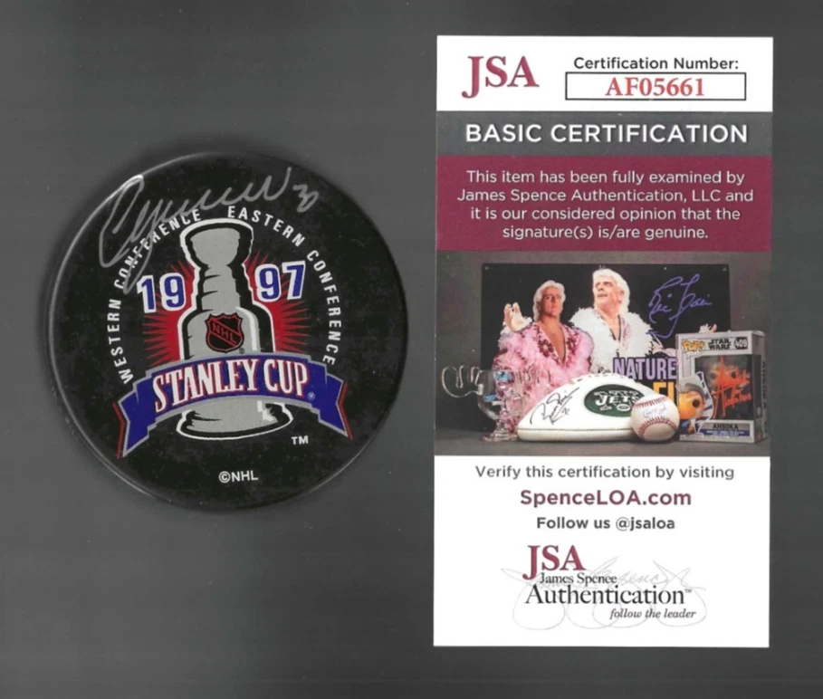 Chris Osgood Signed Detroit Red Wings 1997 Stanley Cup Champs Logo Puck JSA COA