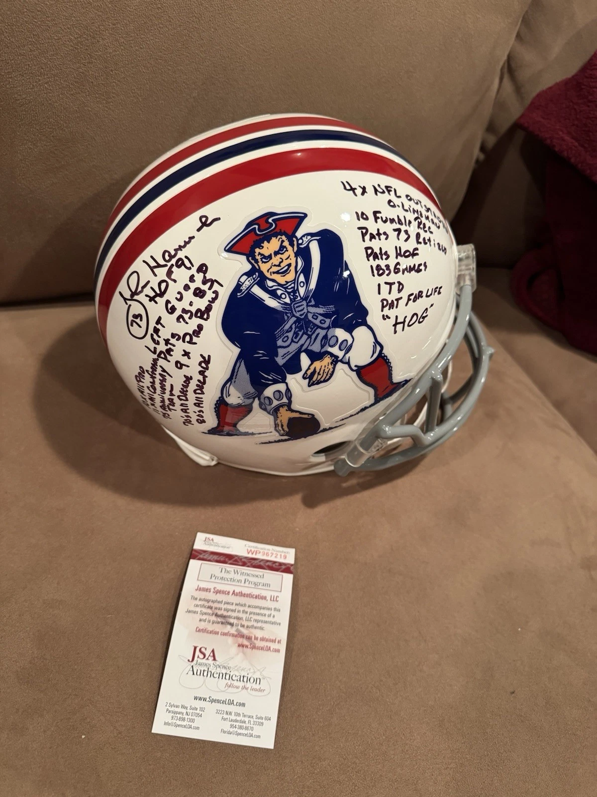 RARE John Hannah SIGNED Patriots FULL SIZE STAT HELMET JSA 17 INSCRIPTIONS
