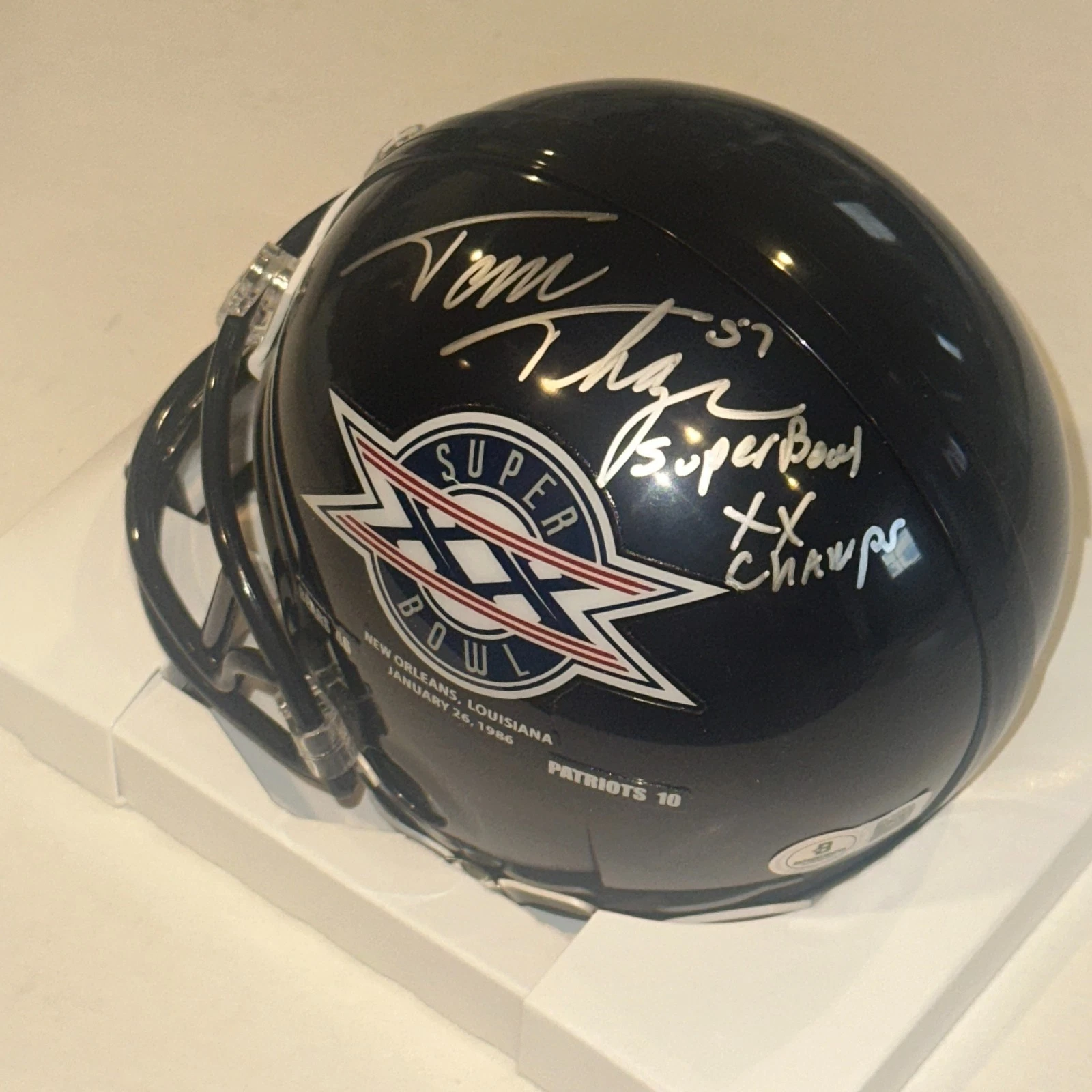 TOM THAYER (Bears) Signed SUPER BOWL XX VSR4 Mini-helmet Beckett (BAS) & Inscr